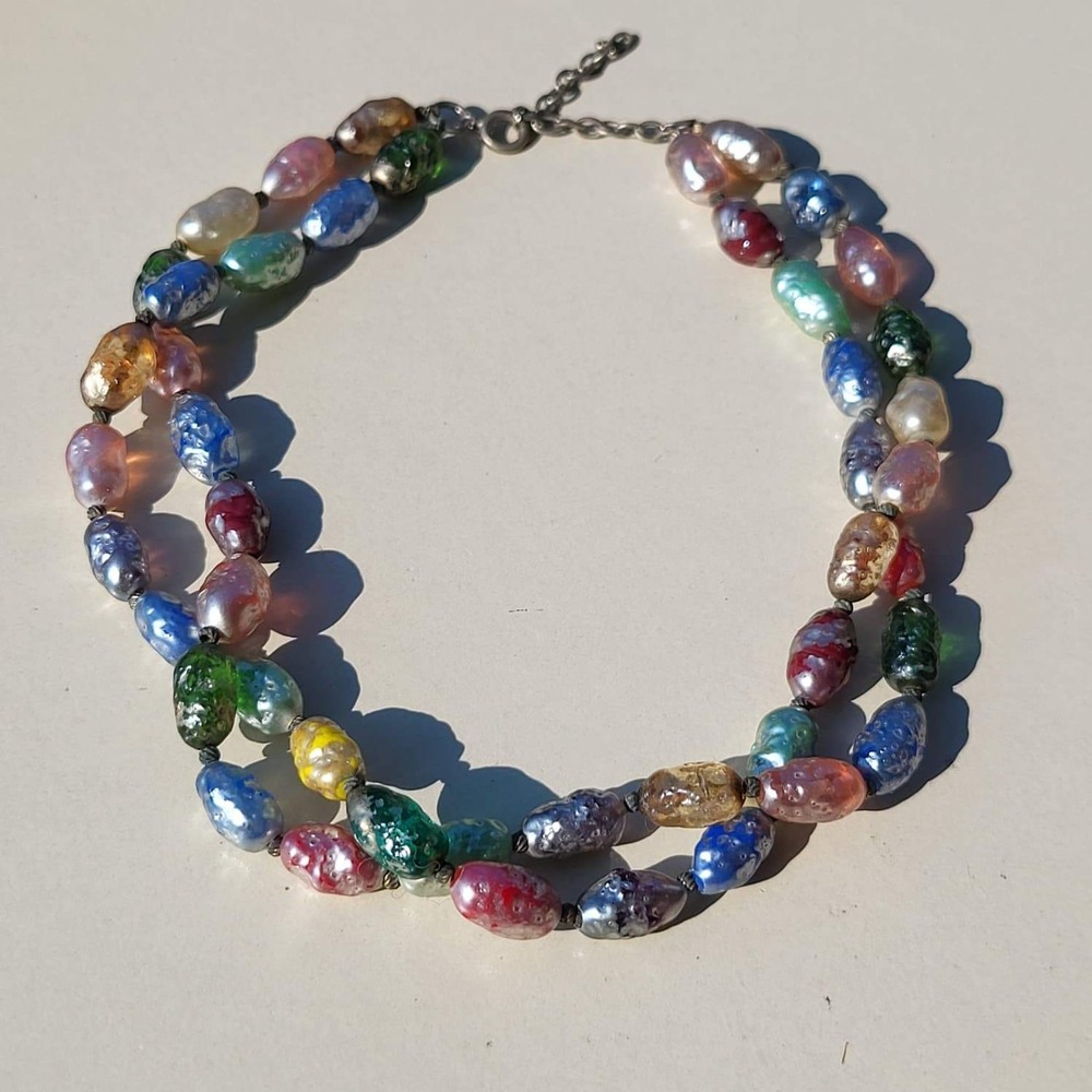 Vintage Art Glass Foil Bead Necklace Double Strand Multicolor Textured Lampwork